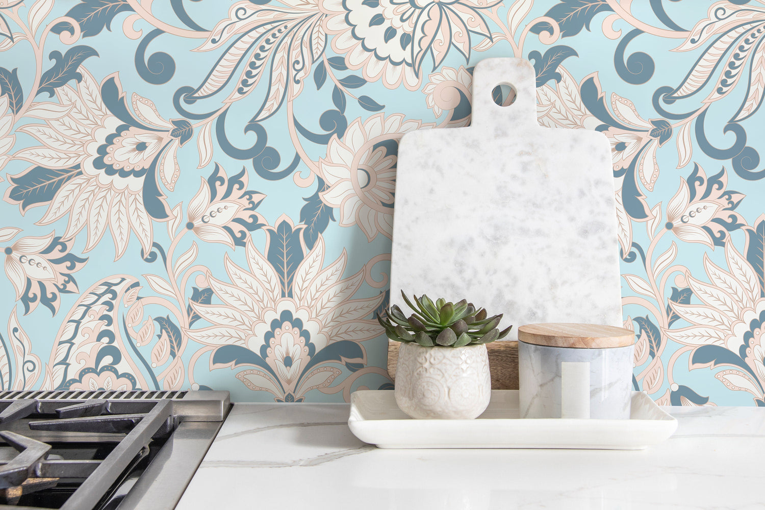 Light Blue Vintage Wallpaper / Peel and Stick Wallpaper Removable Wallpaper Home Decor Wall Art Wall Decor Room Decor - D090