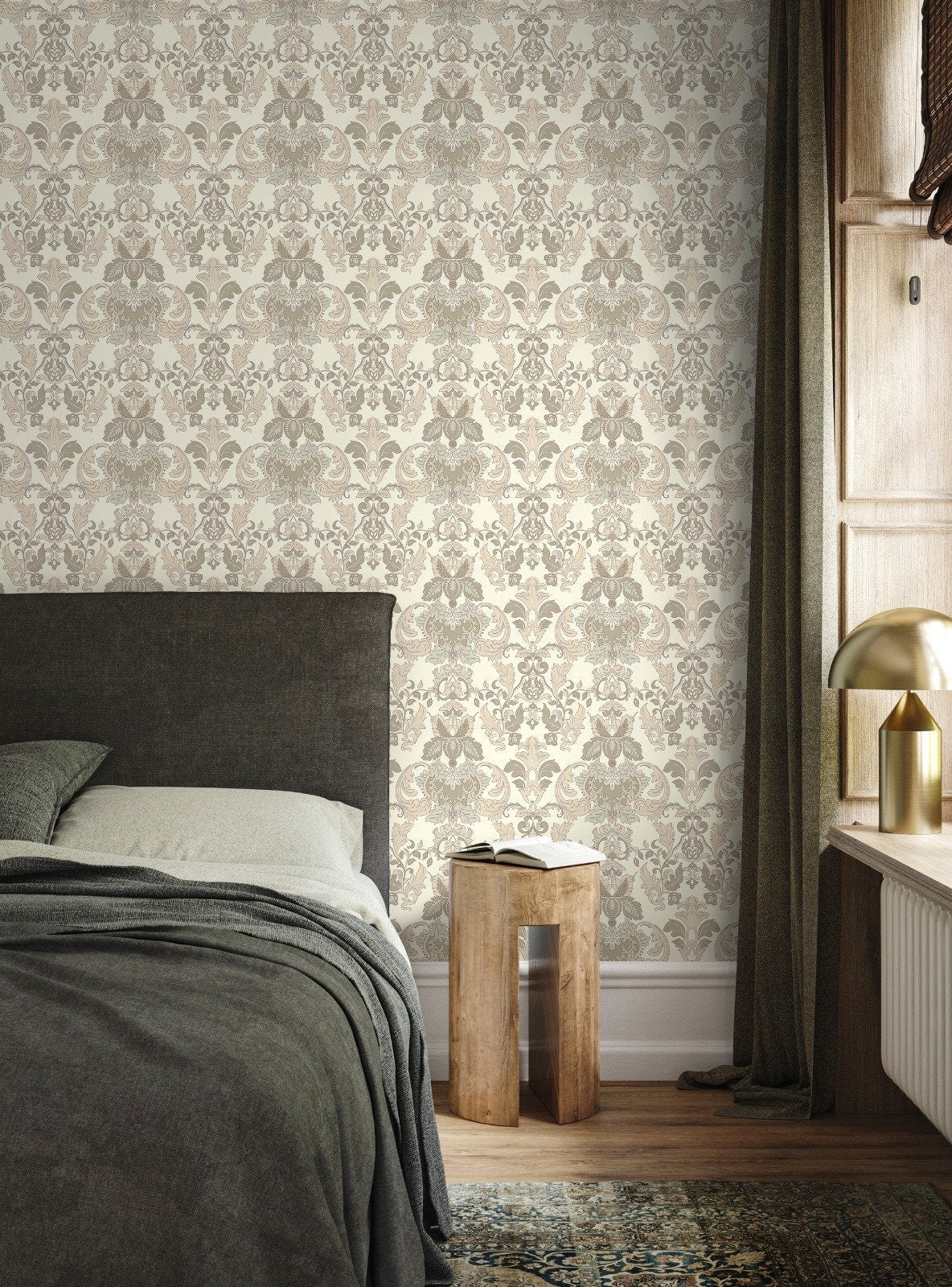 Cream Victorian Damask Wallpaper / Peel and Stick Wallpaper Removable Wallpaper Home Decor Wall Art Wall Decor Room Decor - D093