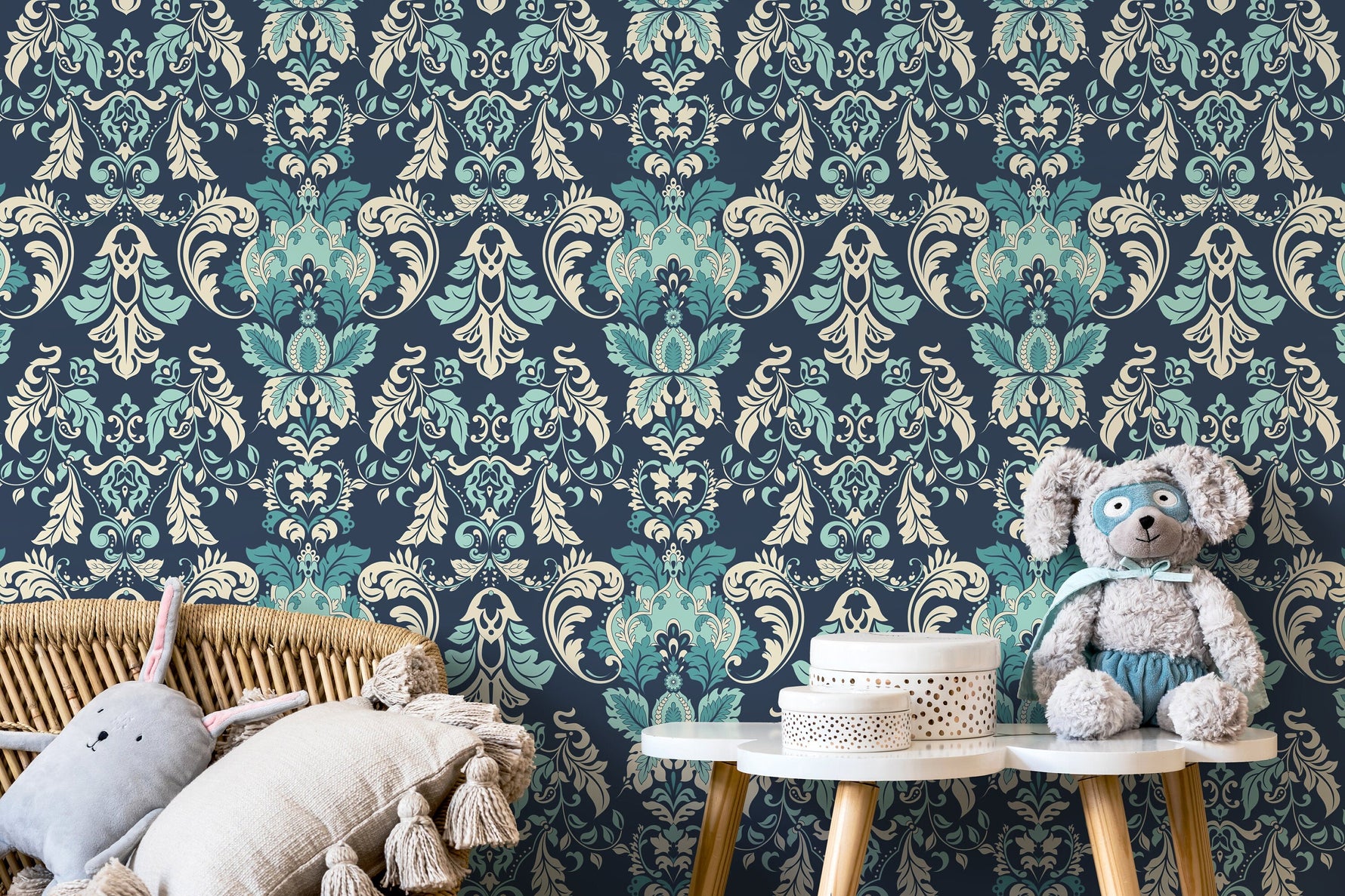 Blue Vintage Damask Wallpaper / Peel and Stick Wallpaper Removable Wallpaper Home Decor Wall Art Wall Decor Room Decor - D097