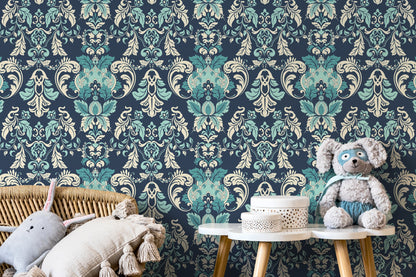 Blue Vintage Damask Wallpaper / Peel and Stick Wallpaper Removable Wallpaper Home Decor Wall Art Wall Decor Room Decor - D097