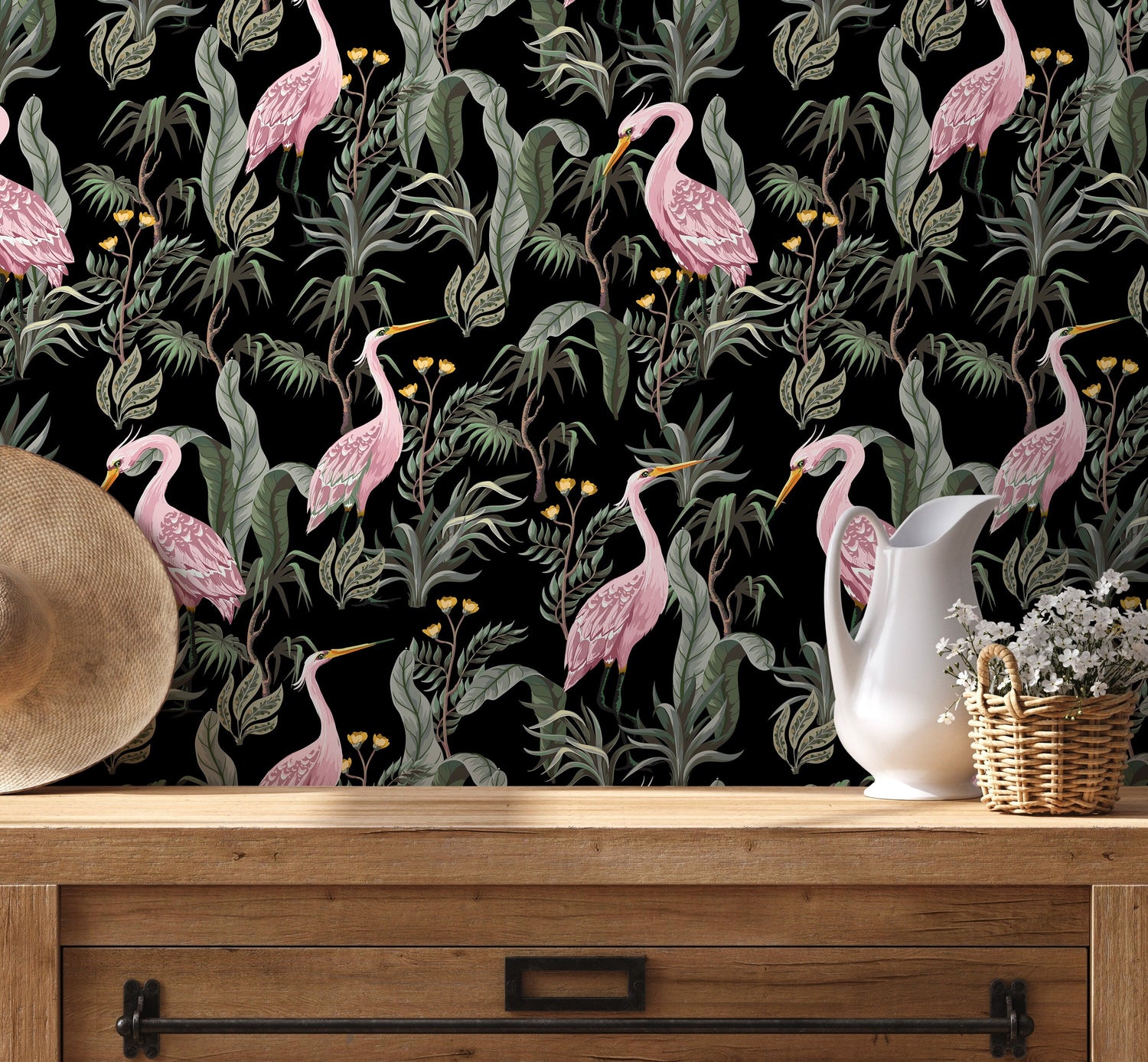 Chinoiserie Crane Birds Wallpaper / Peel and Stick Wallpaper Removable Wallpaper Home Decor Wall Art Wall Decor Room Decor - D123