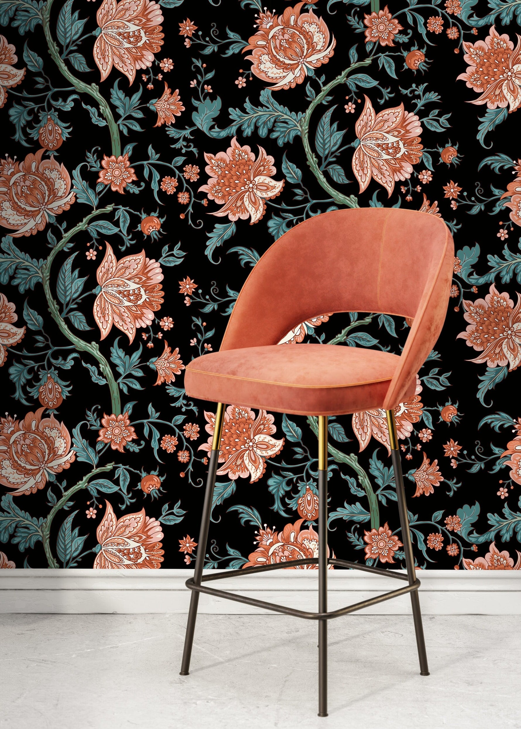 Dark Vintage Floral Wallpaper / Peel and Stick Wallpaper Removable Wallpaper Home Decor Wall Art Wall Decor Room Decor - D129