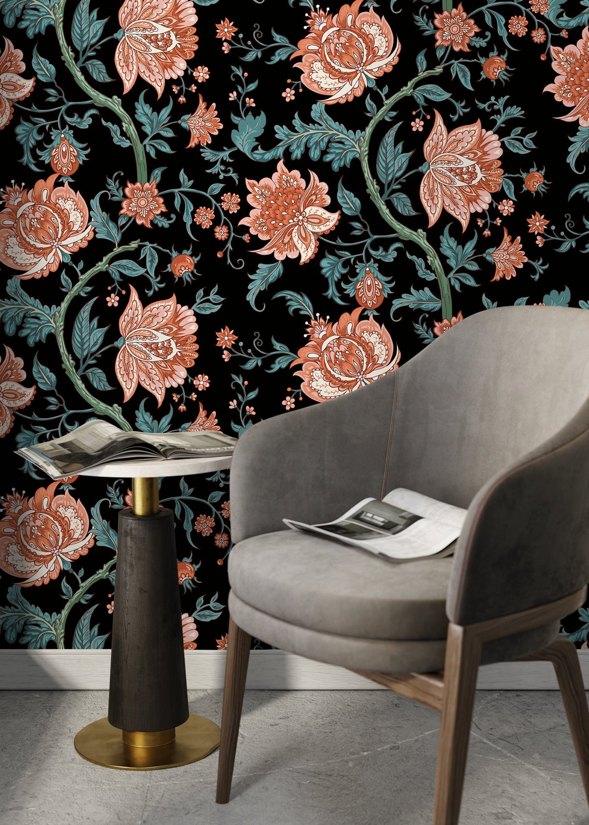 Dark Vintage Floral Wallpaper / Peel and Stick Wallpaper Removable Wallpaper Home Decor Wall Art Wall Decor Room Decor - D129