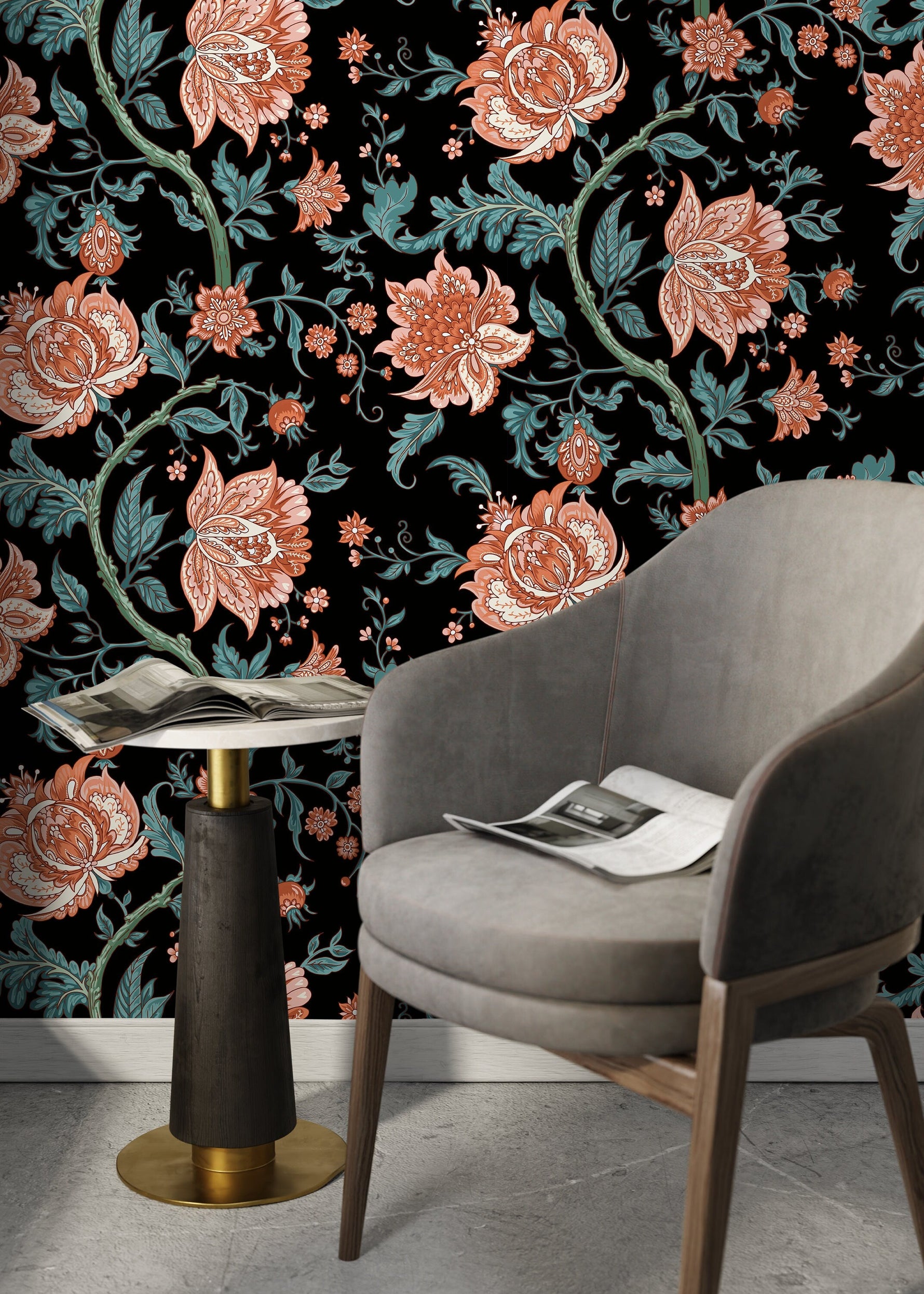 Dark Vintage Floral Wallpaper / Peel and Stick Wallpaper Removable Wallpaper Home Decor Wall Art Wall Decor Room Decor - D129