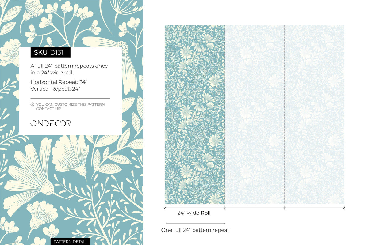 Light Blue Wildflowers Wallpaper / Peel and Stick Wallpaper Removable Wallpaper Home Decor Wall Art Wall Decor Room Decor - D131