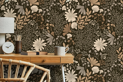 Brown Boho Floral Wallpaper / Peel and Stick Wallpaper Removable Wallpaper Home Decor Wall Art Wall Decor Room Decor - D133