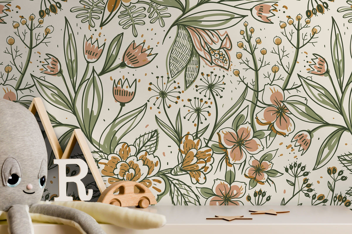 Floral Garden Hand Drawing Wallpaper / Peel and Stick Wallpaper Removable Wallpaper Home Decor Wall Art Wall Decor Room Decor - D139