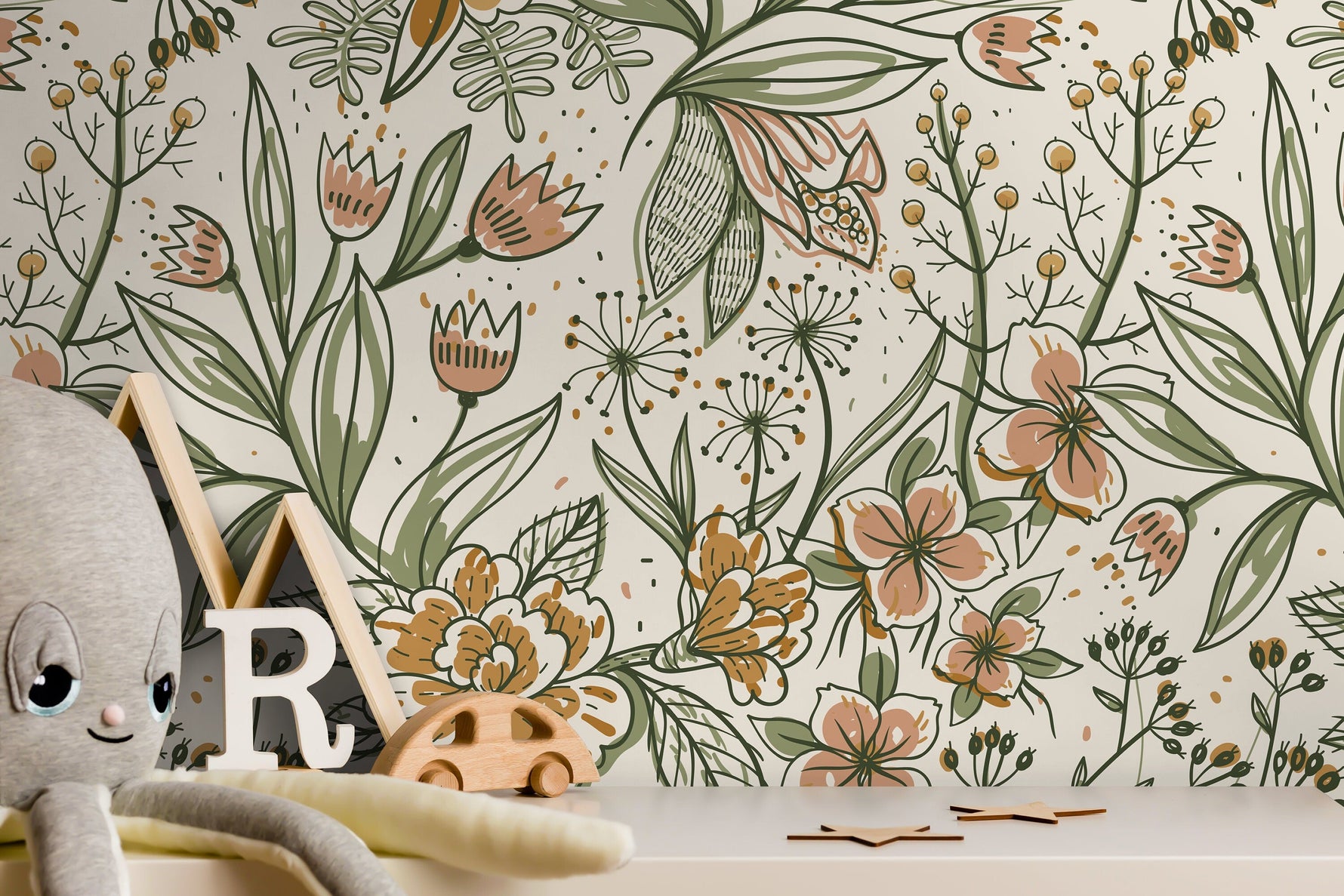Floral Garden Hand Drawing Wallpaper / Peel and Stick Wallpaper Removable Wallpaper Home Decor Wall Art Wall Decor Room Decor - D139