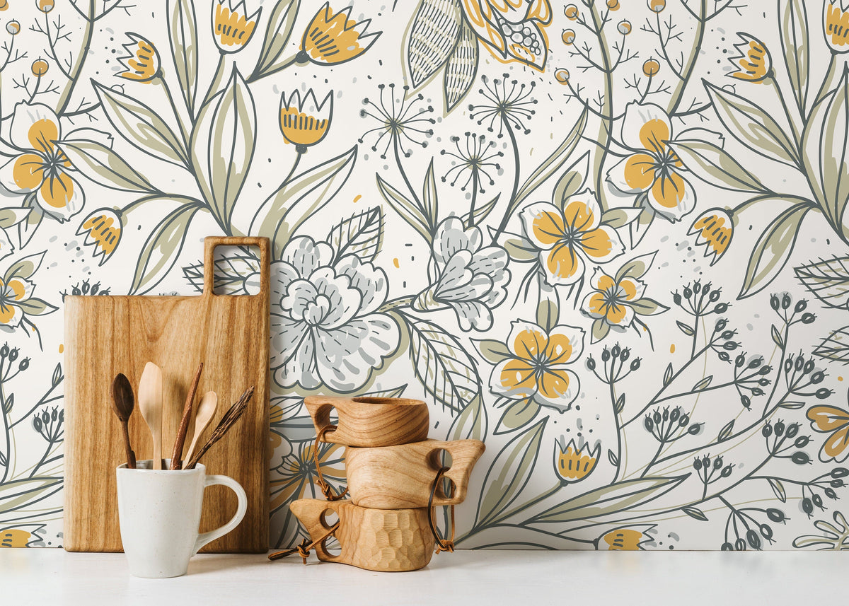Boho Floral Hand Drawing Wallpaper / Peel and Stick Wallpaper Removable Wallpaper Home Decor Wall Art Wall Decor Room Decor - D140