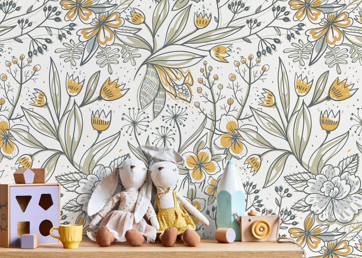 Boho Floral Hand Drawing Wallpaper / Peel and Stick Wallpaper Removable Wallpaper Home Decor Wall Art Wall Decor Room Decor - D140
