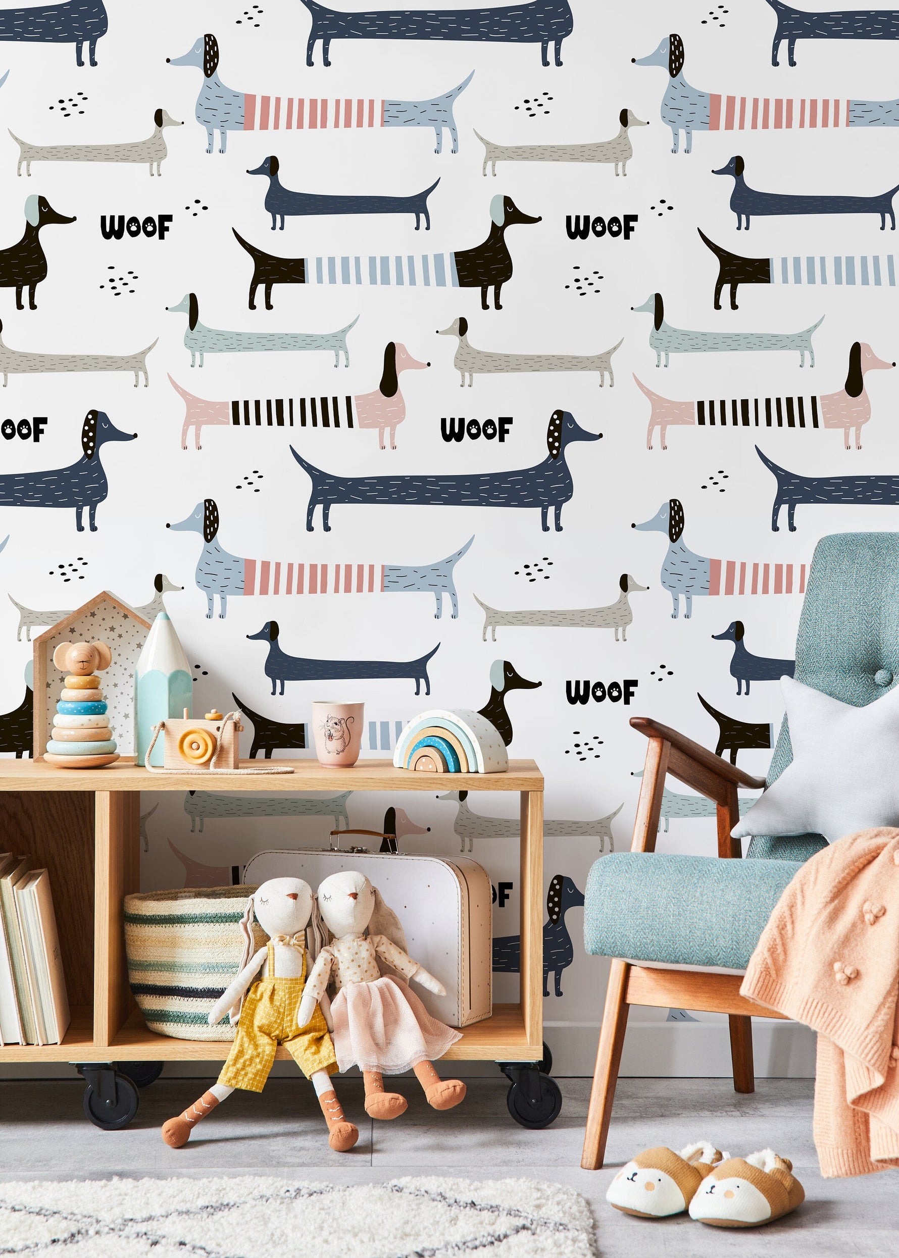 Cute Dogs Nursery Wallpaper / Peel and Stick Wallpaper Removable Wallpaper Home Decor Wall Art Wall Decor Room Decor - D100