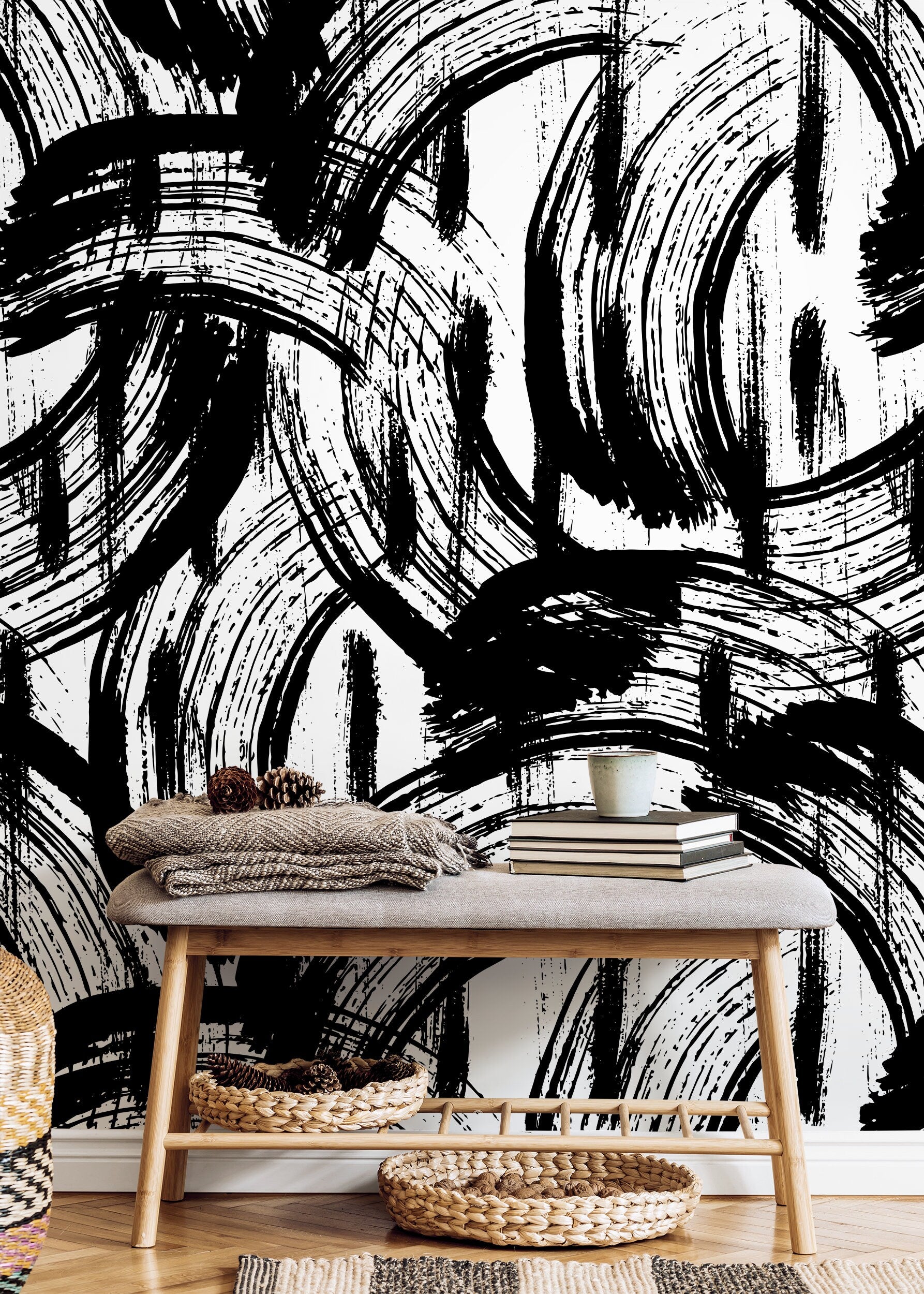 Removable Wallpaper Peel and Stick Wallpaper Wall Paper Wall Mural - Black and White Paintbrush Wallpaper - B039