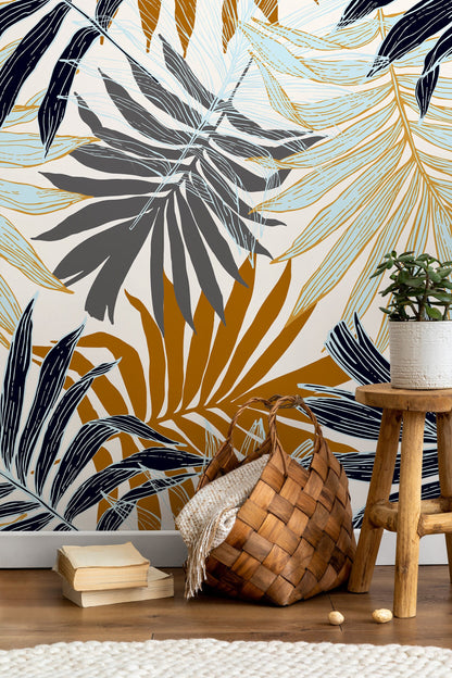 Autumn Palm Leaves Wallpaper - Removable Wallpaper Peel and Stick Wallpaper Wall Paper - B070