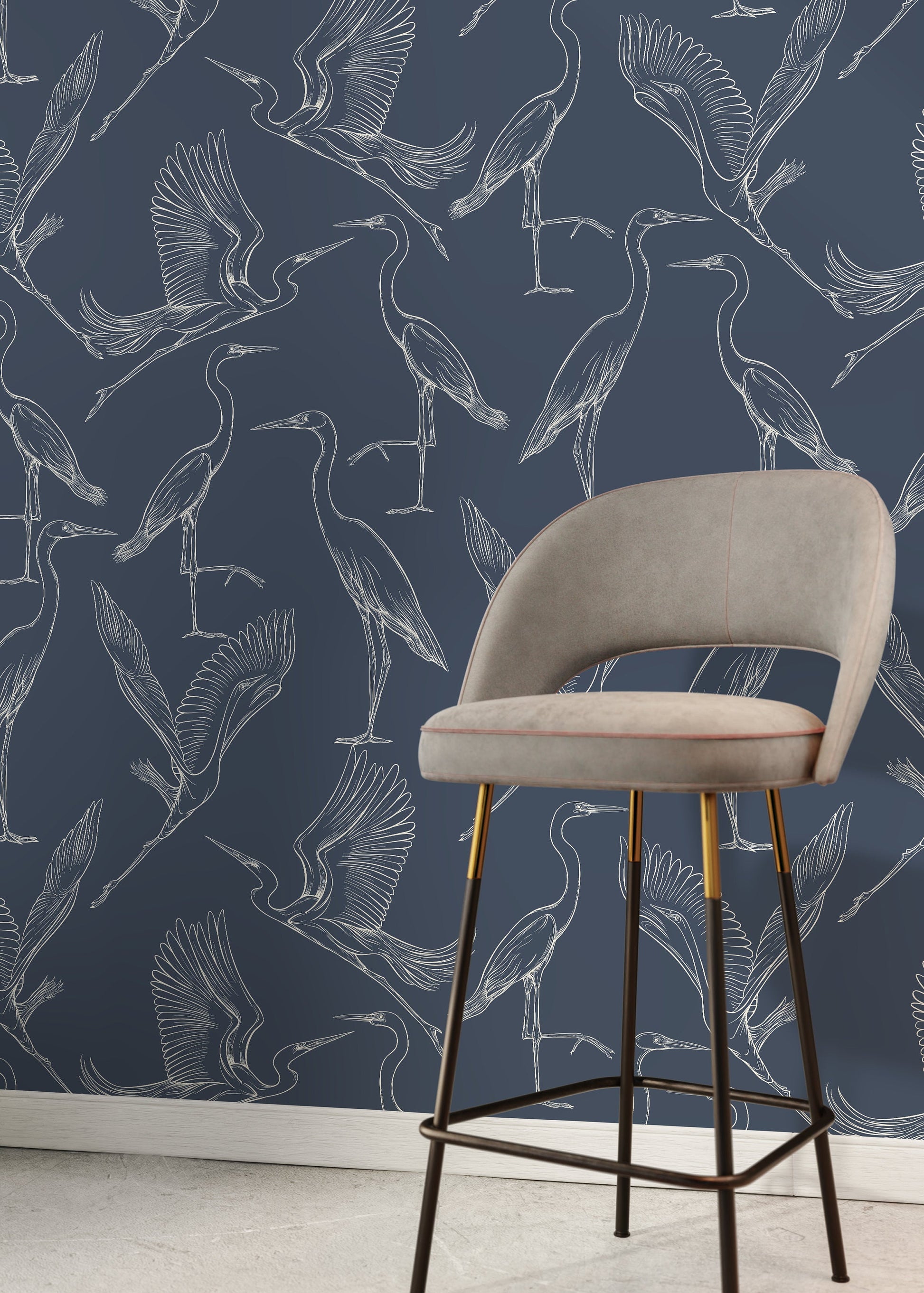 Blue Crane Birds Wallpaper / Peel and Stick Wallpaper Removable Wallpaper Home Decor Wall Art Wall Decor Room Decor - D102