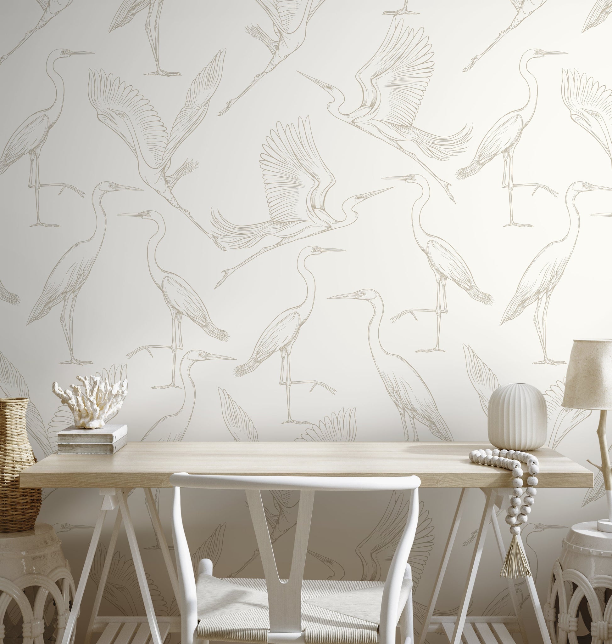 Neutral Boho Crane Birds Wallpaper / Peel and Stick Wallpaper Removable Wallpaper Home Decor Wall Art Wall Decor Room Decor - D103