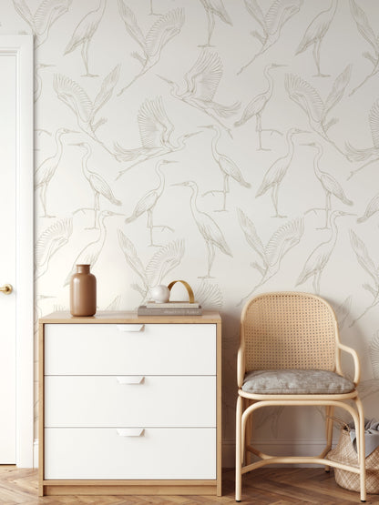 Neutral Boho Crane Birds Wallpaper / Peel and Stick Wallpaper Removable Wallpaper Home Decor Wall Art Wall Decor Room Decor - D103