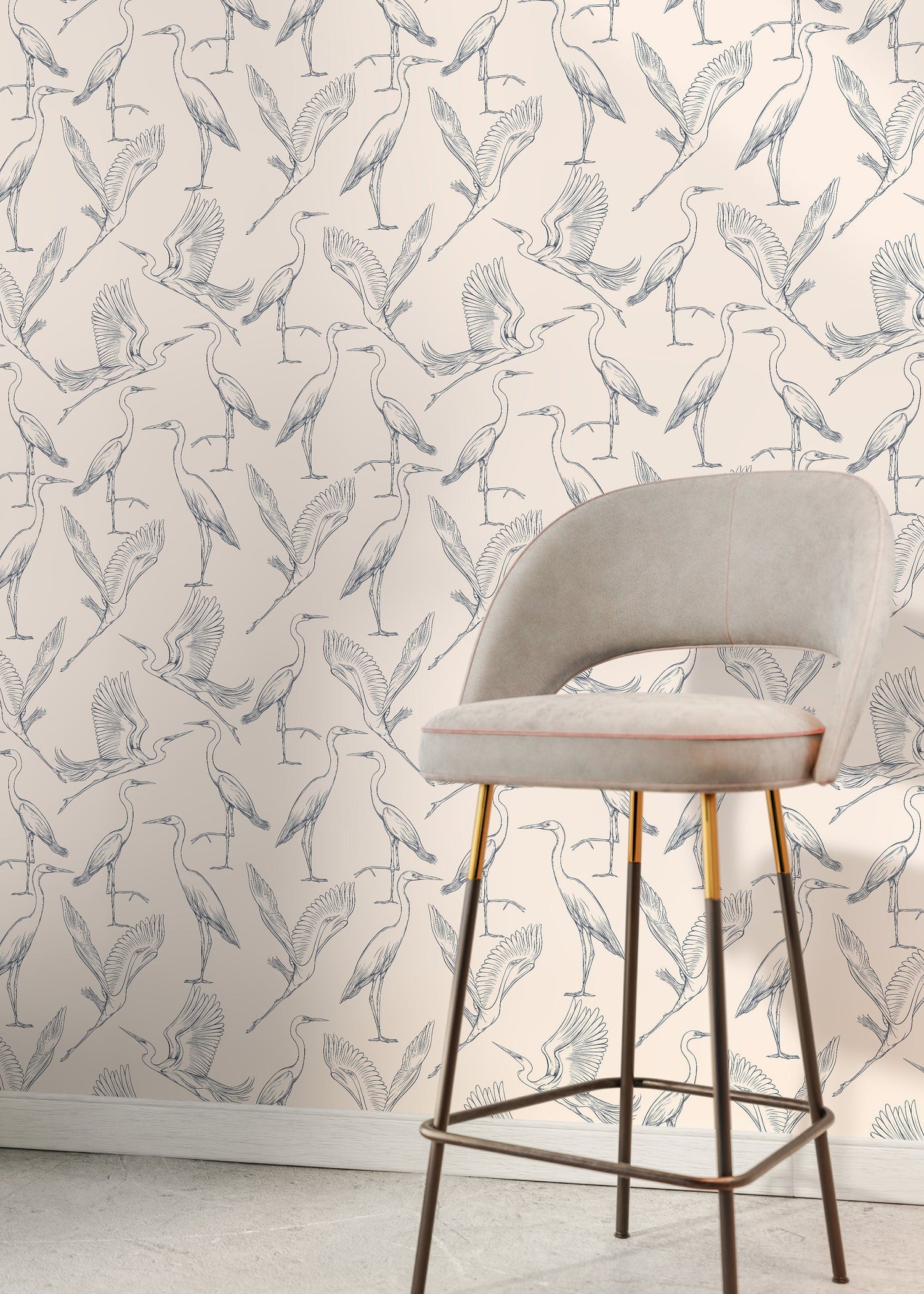 Beige Boho Crane Birds Wallpaper / Peel and Stick Wallpaper Removable Wallpaper Home Decor Wall Art Wall Decor Room Decor - D104