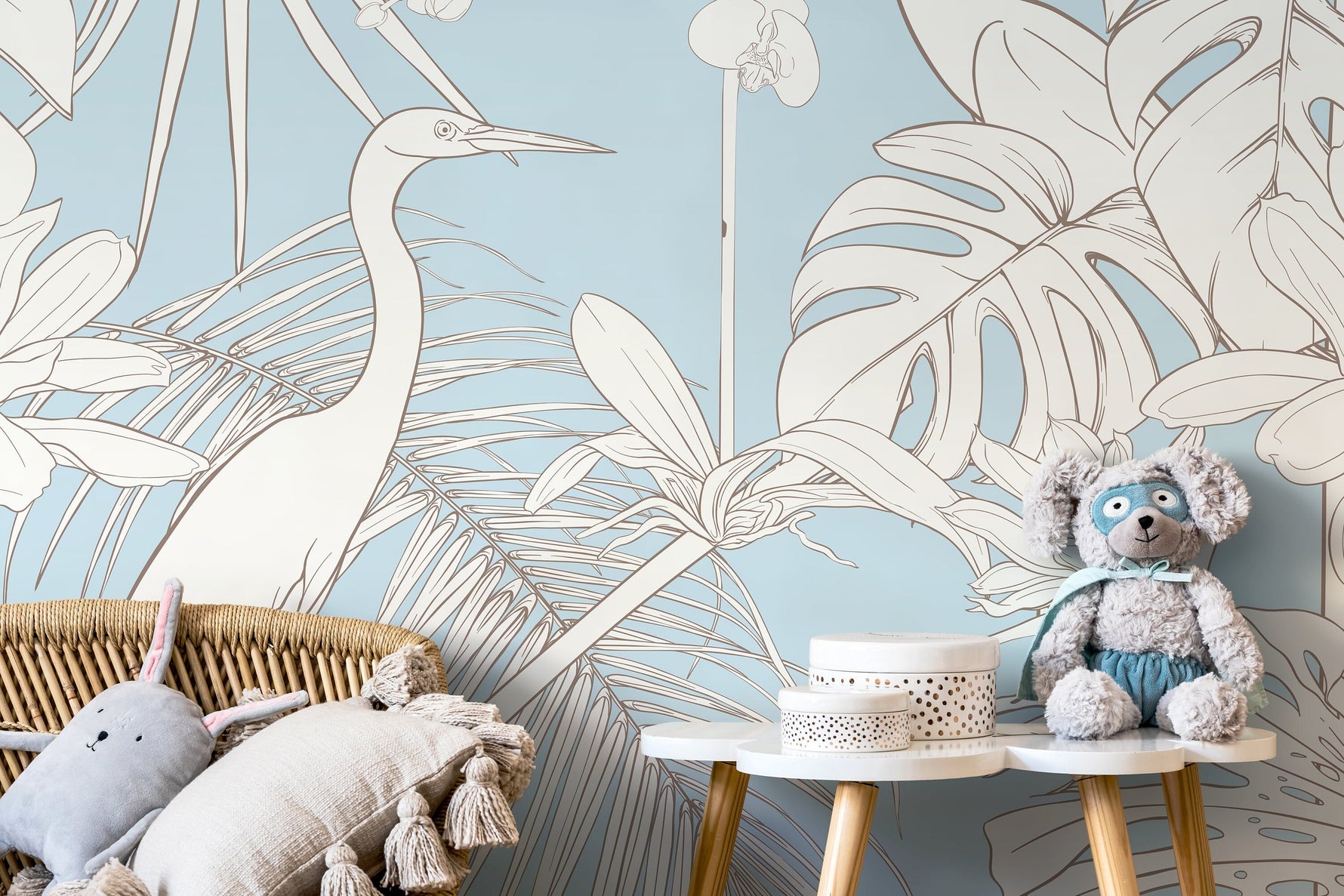 Floral Crane Birds Wallpaper / Peel and Stick Wallpaper Removable Wallpaper Home Decor Wall Art Wall Decor Room Decor - D107