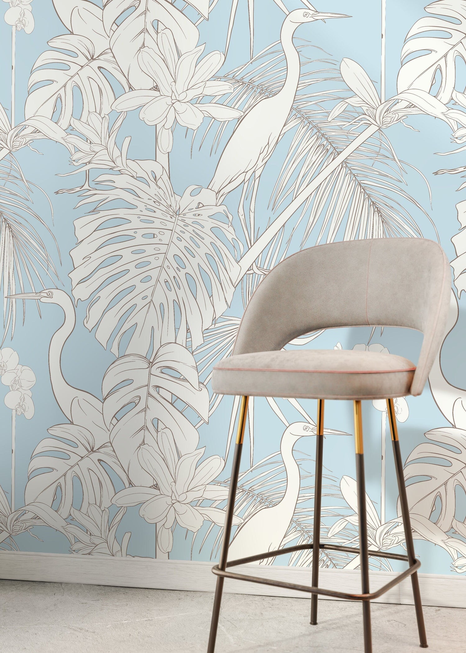 Floral Crane Birds Wallpaper / Peel and Stick Wallpaper Removable Wallpaper Home Decor Wall Art Wall Decor Room Decor - D107