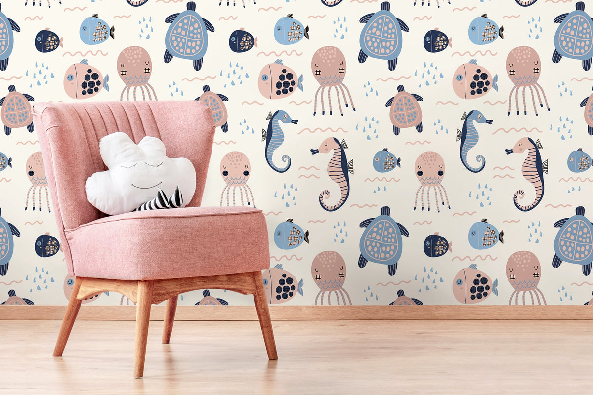 Cute Ocean Animals Wallpaper / Peel and Stick Wallpaper Removable Wallpaper Home Decor Wall Art Wall Decor Room Decor - D111