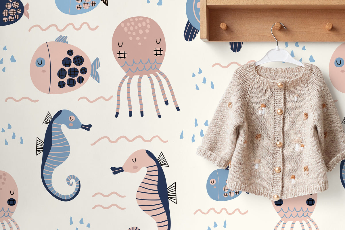 Cute Ocean Animals Wallpaper / Peel and Stick Wallpaper Removable Wallpaper Home Decor Wall Art Wall Decor Room Decor - D111