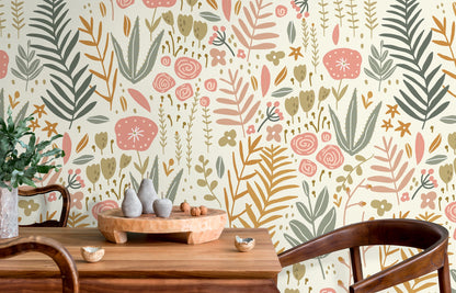 Boho Floral Garden Wallpaper / Peel and Stick Wallpaper Removable Wallpaper Home Decor Wall Art Wall Decor Room Decor - D116