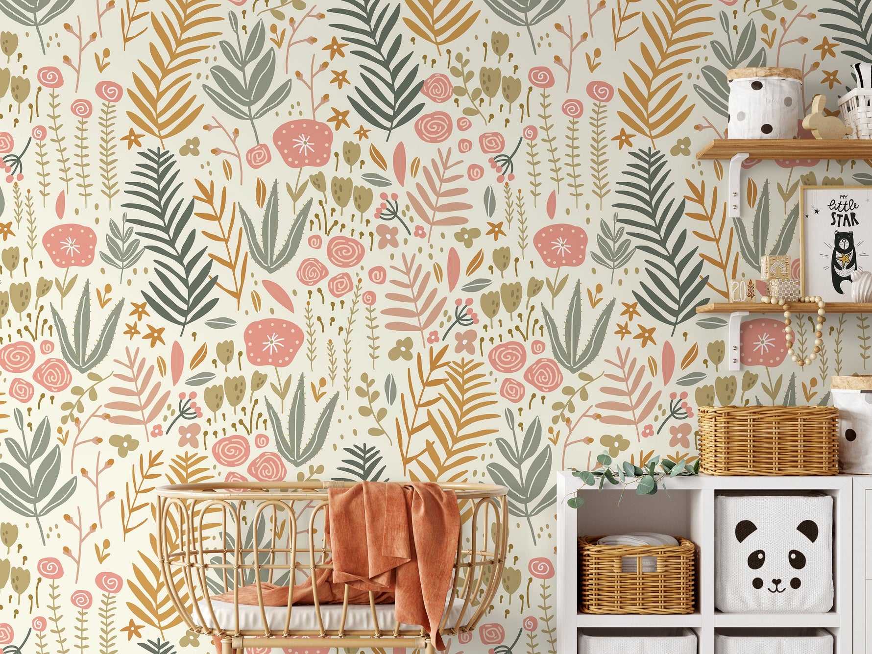 Boho Floral Garden Wallpaper / Peel and Stick Wallpaper Removable Wallpaper Home Decor Wall Art Wall Decor Room Decor - D116