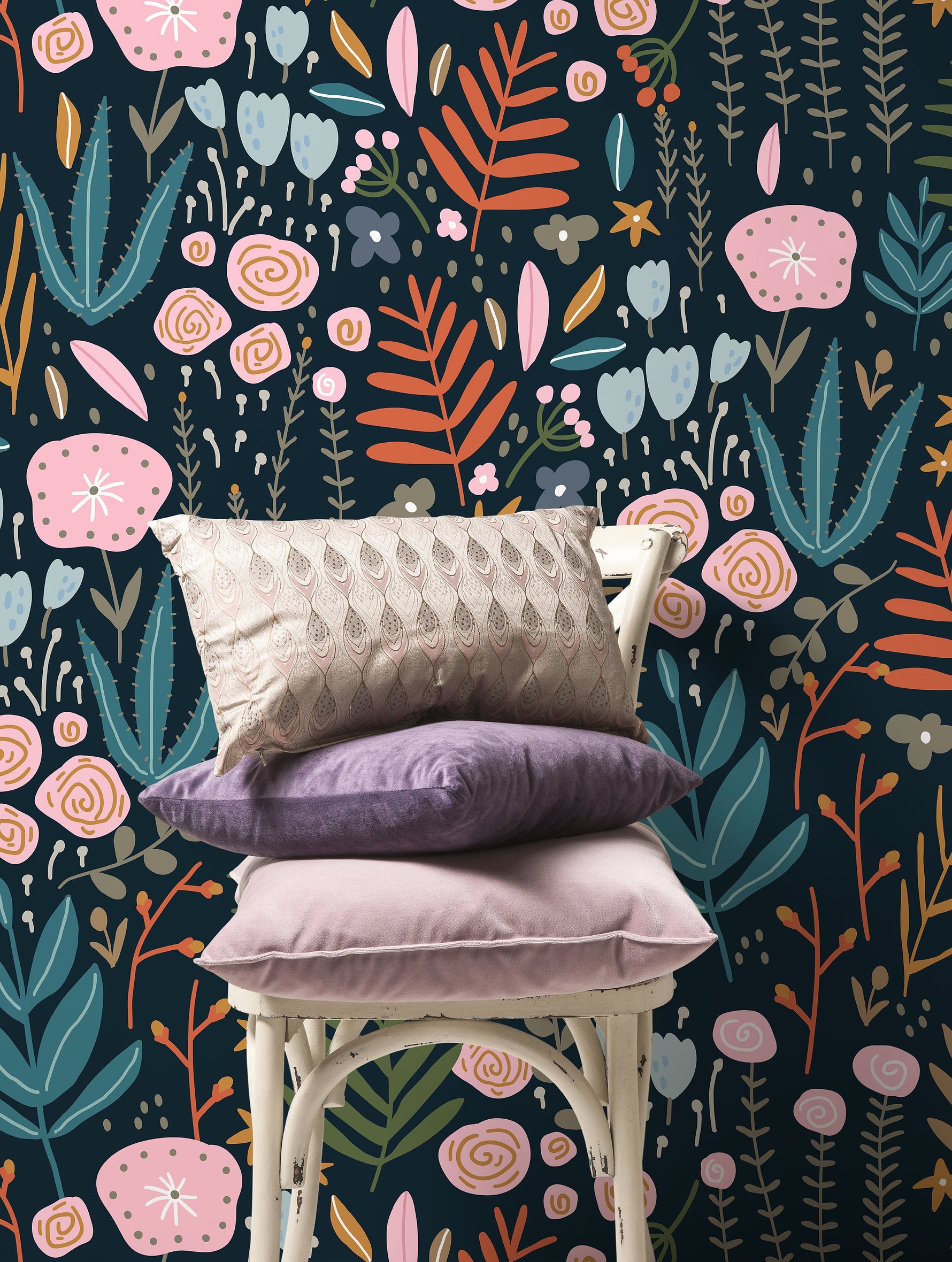Dark Floral Garden Wallpaper / Peel and Stick Wallpaper Removable Wallpaper Home Decor Wall Art Wall Decor Room Decor - D117