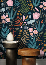 Dark Floral Garden Wallpaper / Peel and Stick Wallpaper Removable Wallpaper Home Decor Wall Art Wall Decor Room Decor - D117