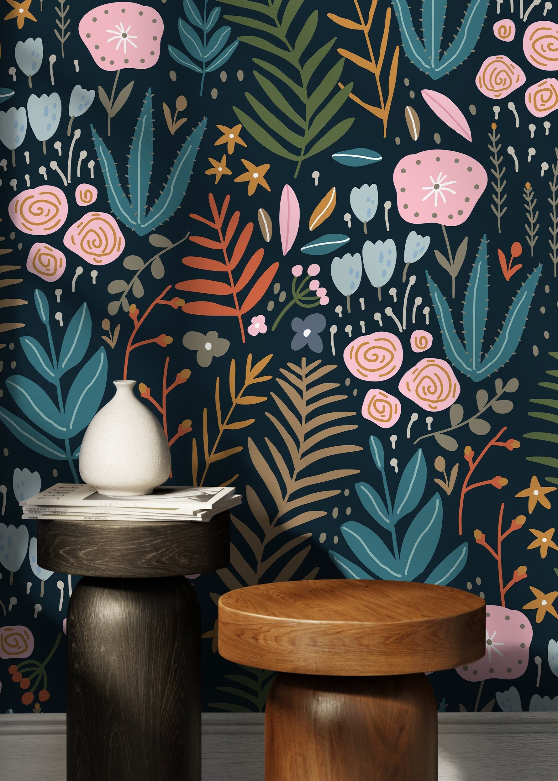 Dark Floral Garden Wallpaper / Peel and Stick Wallpaper Removable Wallpaper Home Decor Wall Art Wall Decor Room Decor - D117