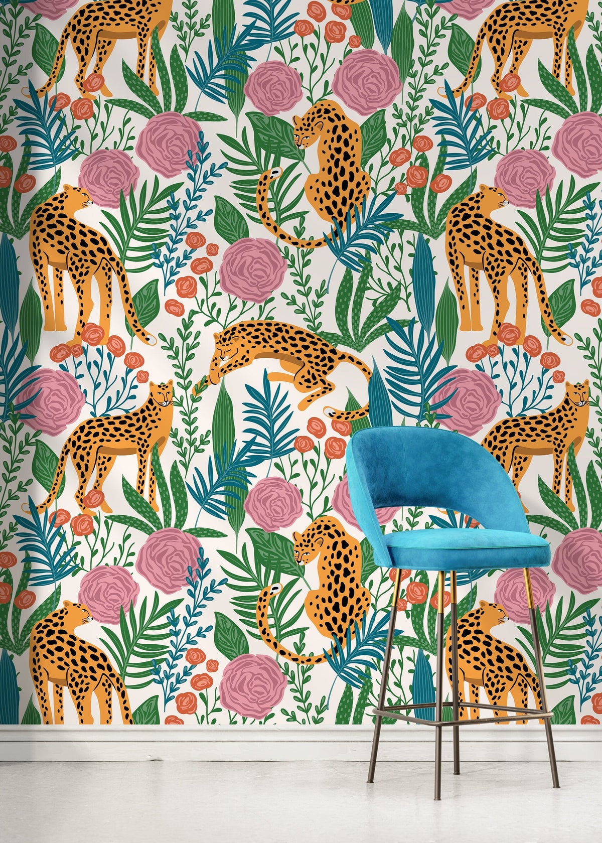 Cute Tiger and Floral Wallpaper / Peel and Stick Wallpaper Removable Wallpaper Home Decor Wall Art Wall Decor Room Decor - D157
