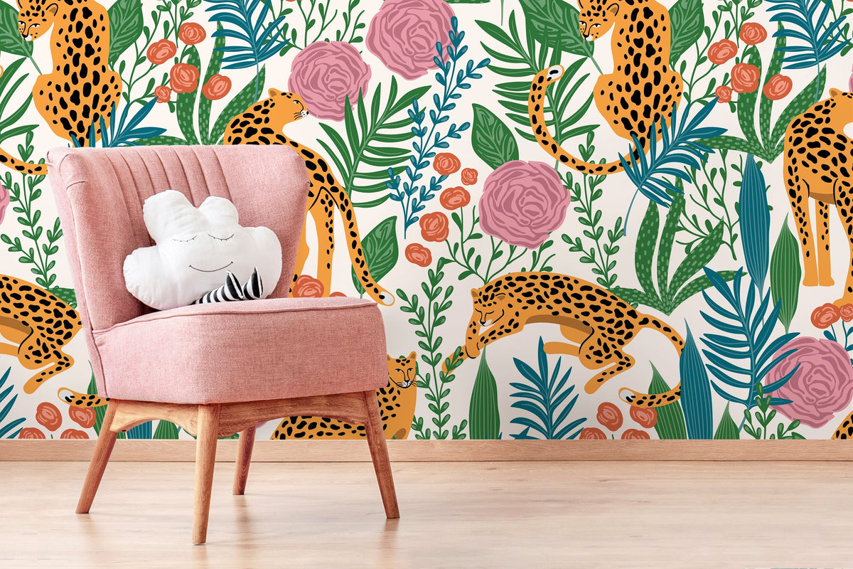 Cute Tiger and Floral Wallpaper / Peel and Stick Wallpaper Removable Wallpaper Home Decor Wall Art Wall Decor Room Decor - D157