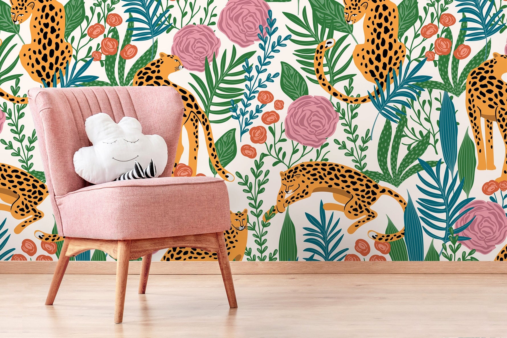 Cute Tiger and Floral Wallpaper / Peel and Stick Wallpaper Removable Wallpaper Home Decor Wall Art Wall Decor Room Decor - D157