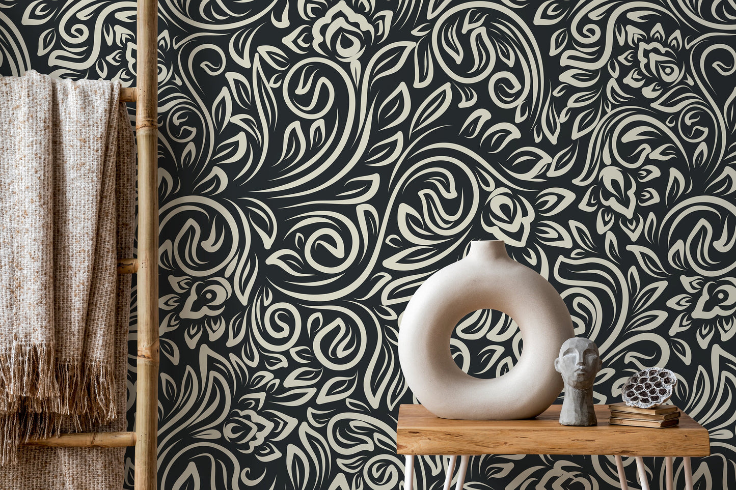 Dark Modern Floral Wallpaper / Peel and Stick Wallpaper Removable Wallpaper Home Decor Wall Art Wall Decor Room Decor - D158