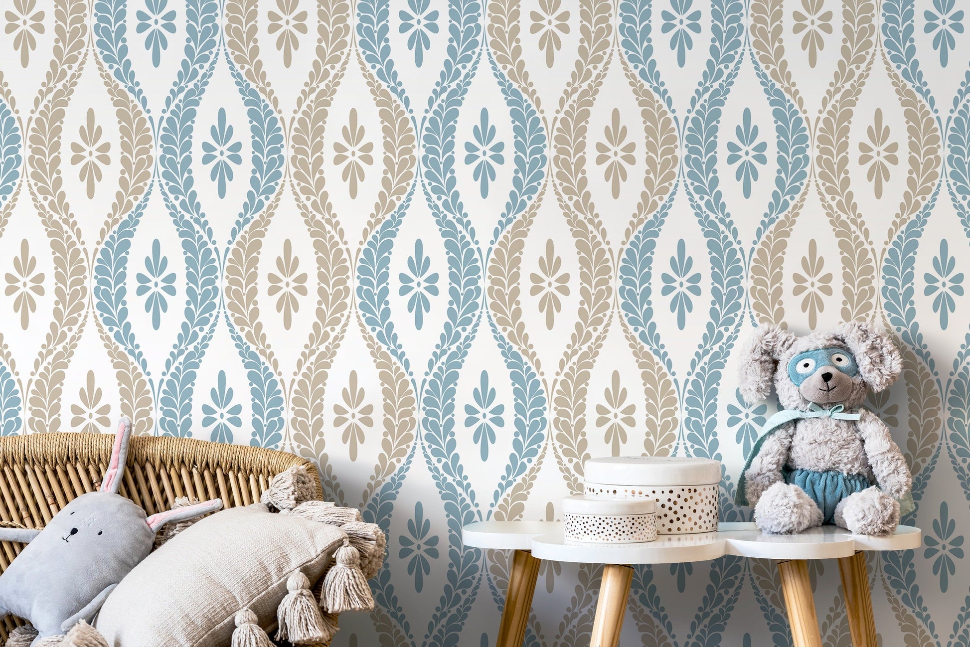 Blue and Beige Vintage Wallpaper / Peel and Stick Wallpaper Removable Wallpaper Home Decor Wall Art Wall Decor Room Decor - D172