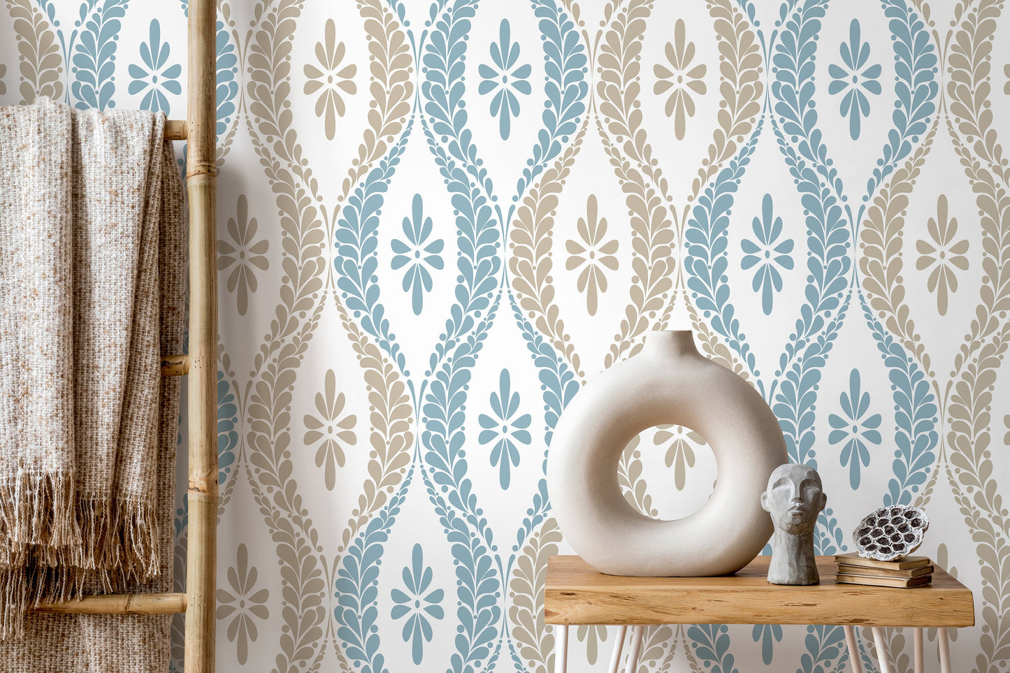 Blue and Beige Vintage Wallpaper / Peel and Stick Wallpaper Removable Wallpaper Home Decor Wall Art Wall Decor Room Decor - D172