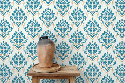 Light Blue and Beige Damask Wallpaper / Peel and Stick Wallpaper Removable Wallpaper Home Decor Wall Art Wall Decor Room Decor - D230