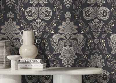 Black and Gold Damask Peel and Stick Wallpaper