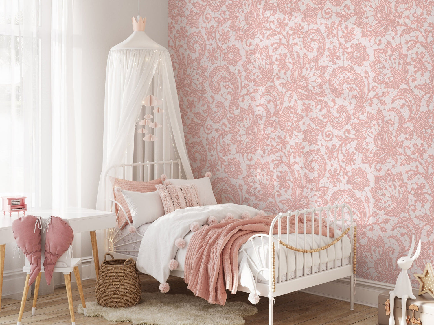 Pink Ornamental Garden / Peel and Stick Wallpaper Removable Wallpaper Home Decor Wall Art Wall Decor Room Decor - D211