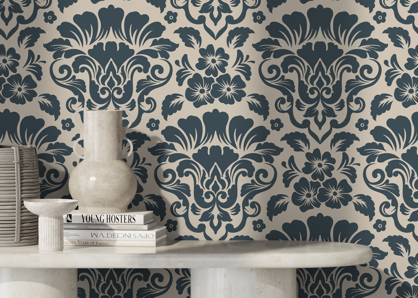 Navy and Beige Damask Wallpaper / Peel and Stick Wallpaper Removable Wallpaper Home Decor Wall Art Wall Decor Room Decor - D217