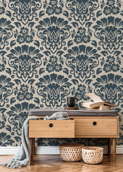 Navy and Beige Damask Wallpaper / Peel and Stick Wallpaper Removable Wallpaper Home Decor Wall Art Wall Decor Room Decor - D217