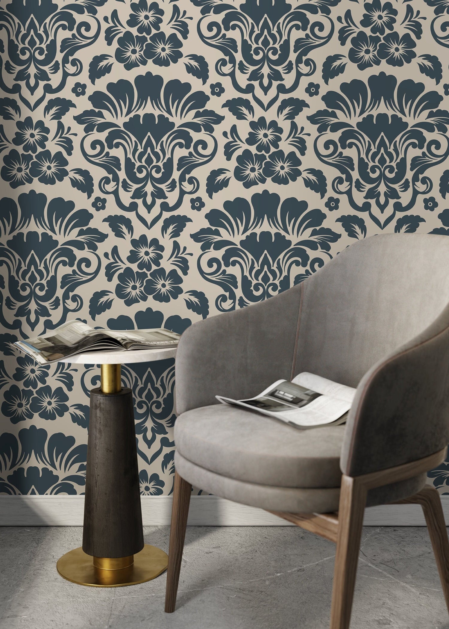 Navy and Beige Damask Wallpaper / Peel and Stick Wallpaper Removable Wallpaper Home Decor Wall Art Wall Decor Room Decor - D217