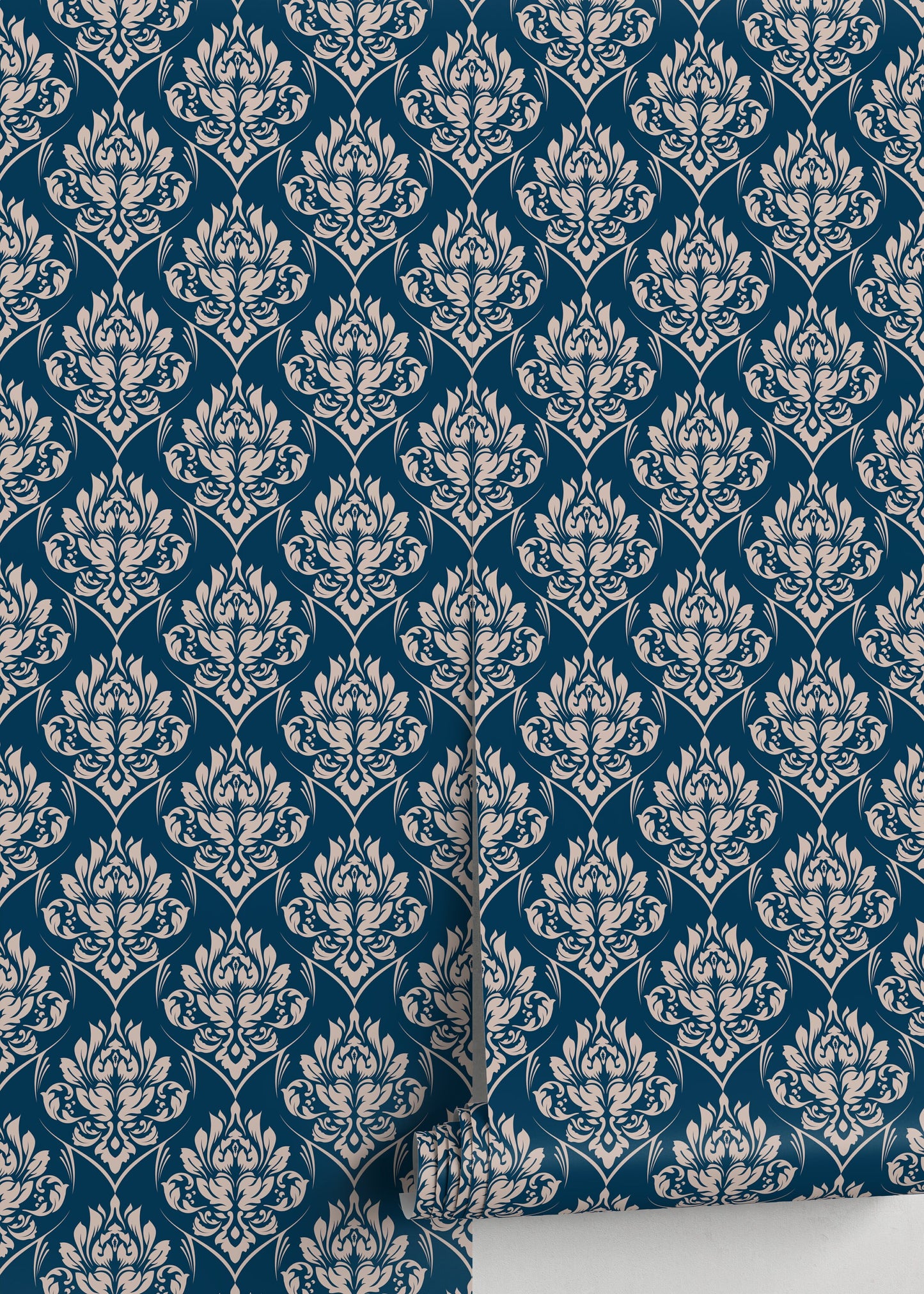 Blue and Beige Damask Wallpaper / Peel and Stick Wallpaper Removable Wallpaper Home Decor Wall Art Wall Decor Room Decor - D227