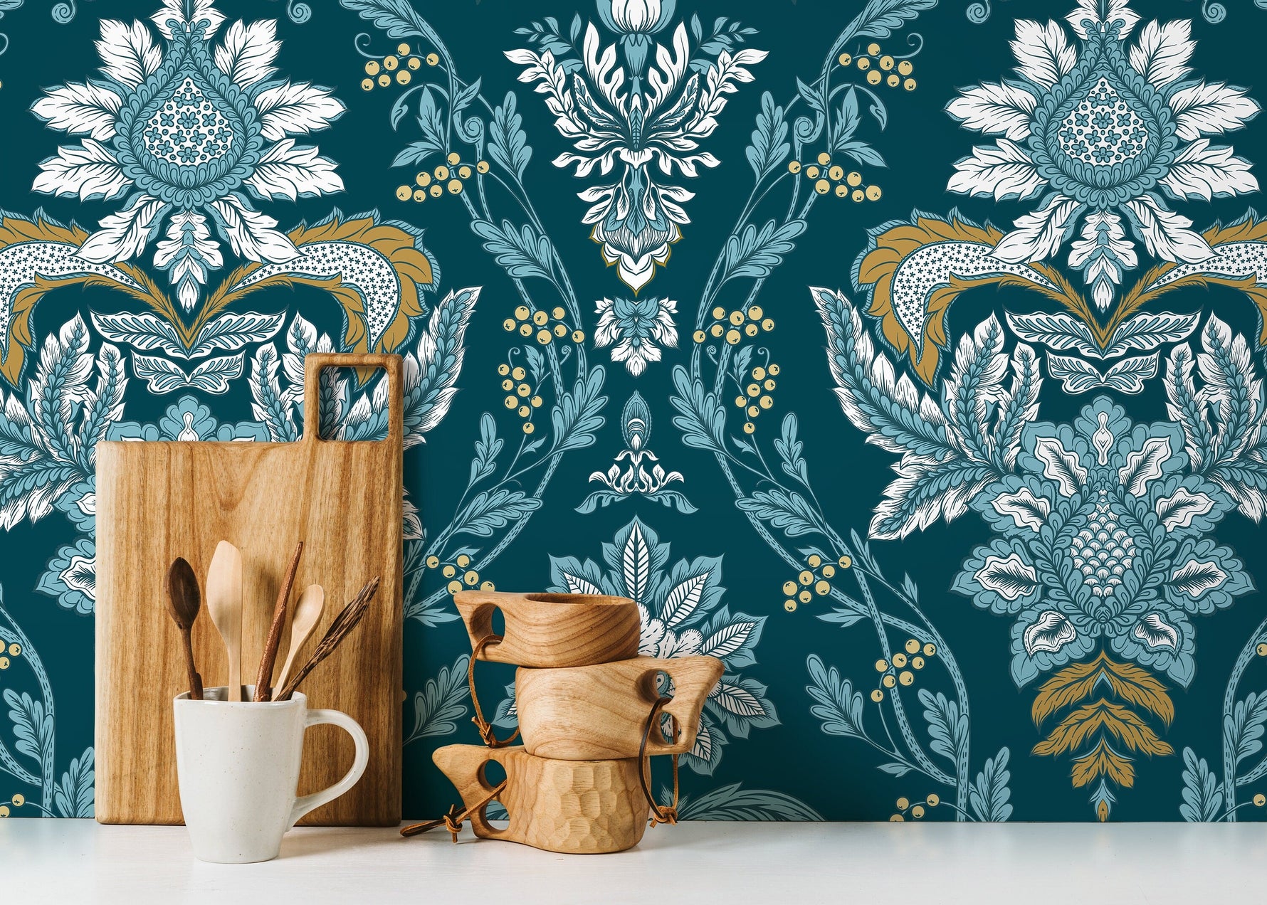 Aqua Vintage Victorian Wallpaper / Peel and Stick Wallpaper Removable Wallpaper Home Decor Wall Art Wall Decor Room Decor - D222