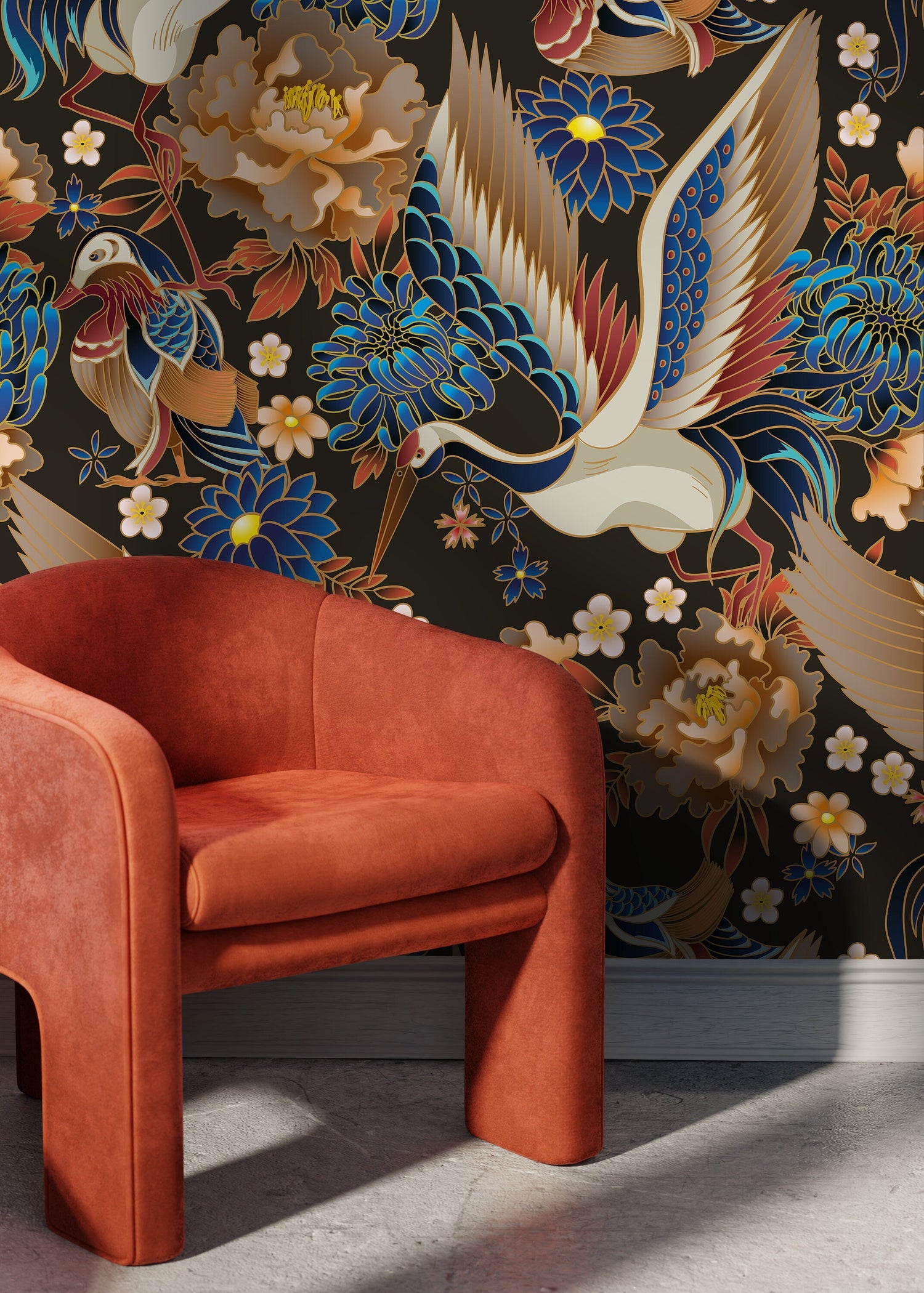Chinoiserie Crane Birds Wallpaper / Peel and Stick Wallpaper Removable Wallpaper Home Decor Wall Art Wall Decor Room Decor - D245