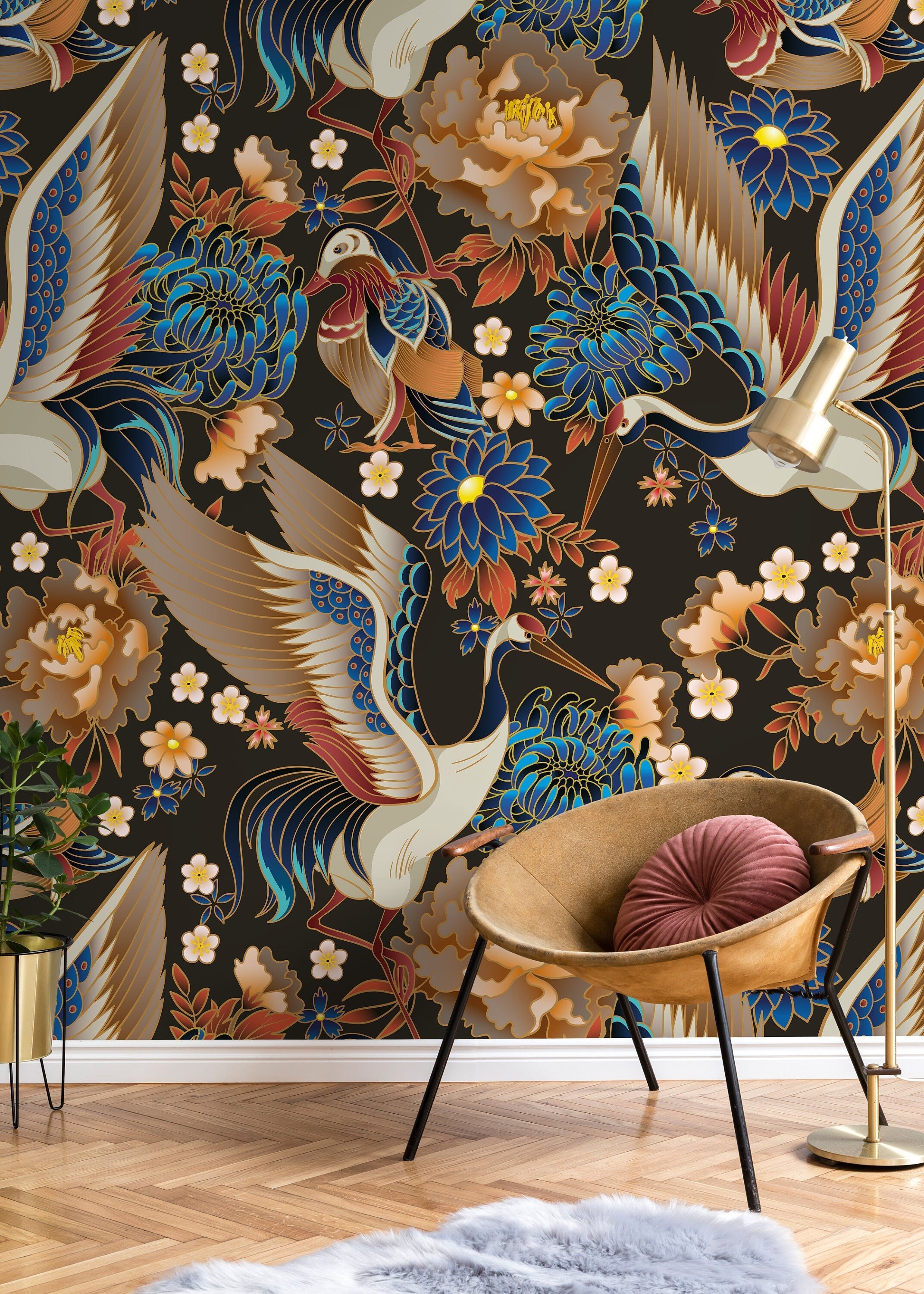 Chinoiserie Crane Birds Wallpaper / Peel and Stick Wallpaper Removable Wallpaper Home Decor Wall Art Wall Decor Room Decor - D245
