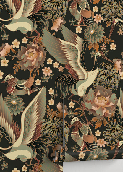 Taupe Chinoiserie Crane Birds Wallpaper / Peel and Stick Wallpaper Removable Wallpaper Home Decor Wall Art Wall Decor Room Decor - D246