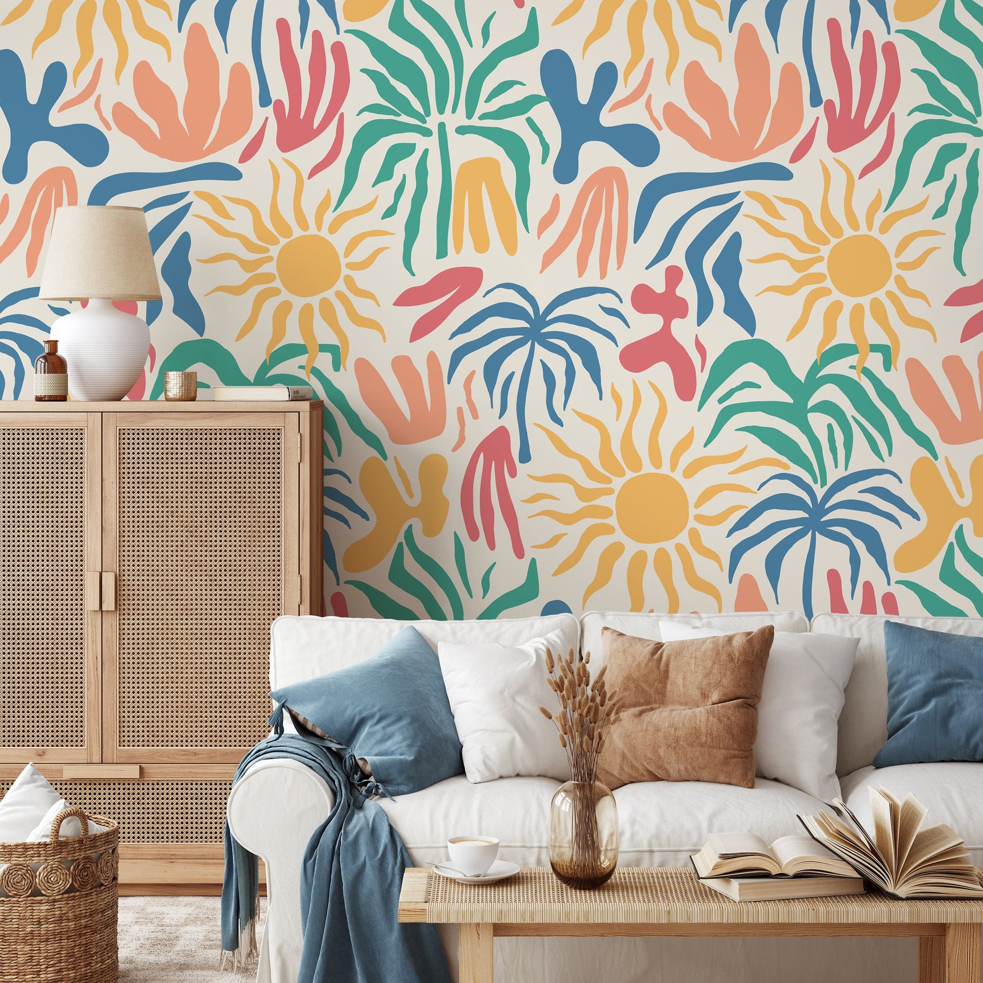 Colorful Tropical Shapes Wallpaper / Peel and Stick Wallpaper Removable Wallpaper Home Decor Wall Art Wall Decor Room Decor - D248