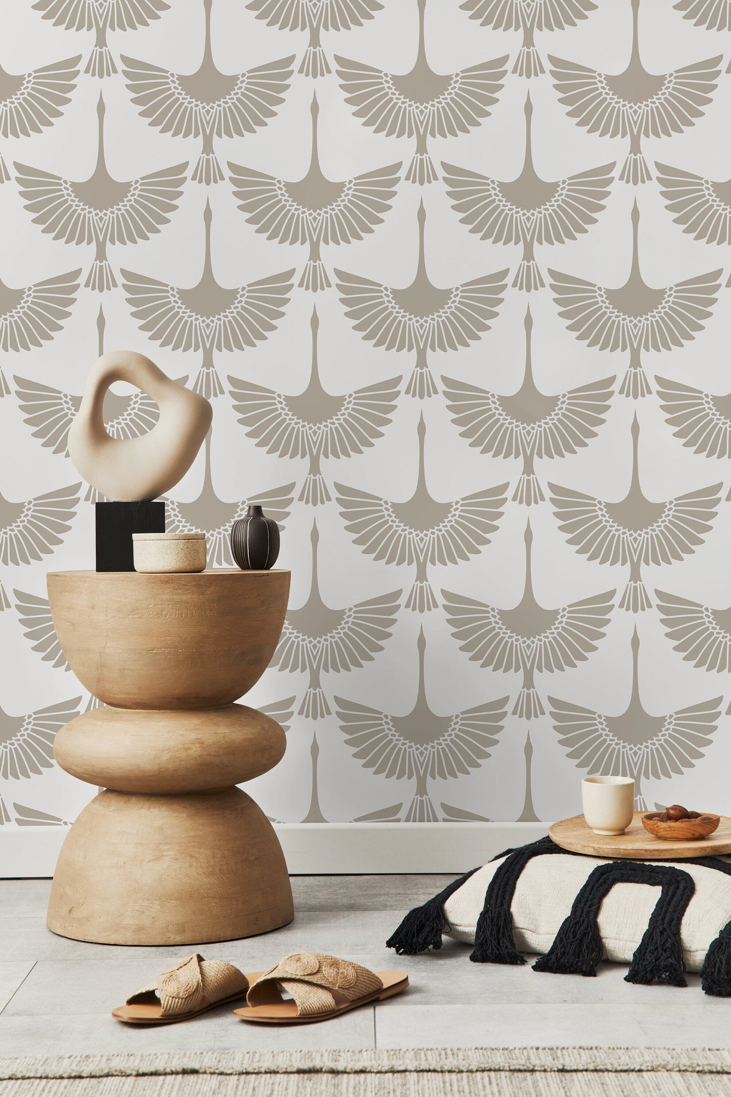 Neutral Swan Birds Wallpaper / Peel and Stick Wallpaper Removable Wallpaper Home Decor Wall Art Wall Decor Room Decor - D261