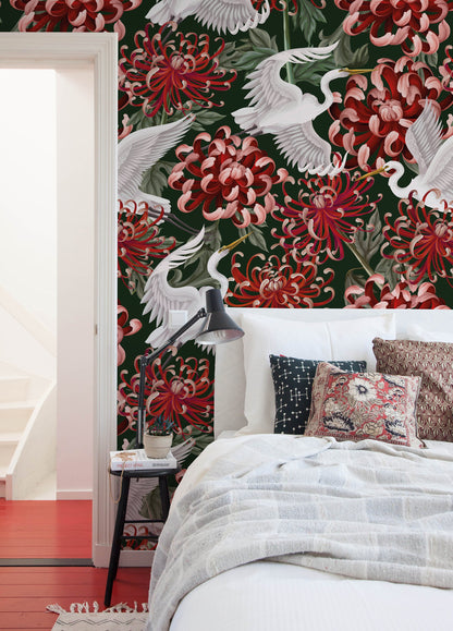 Chinoiserie Red Flower and Crane Birds / Peel and Stick Wallpaper Removable Wallpaper Home Decor Wall Art Wall Decor Room Decor - D264